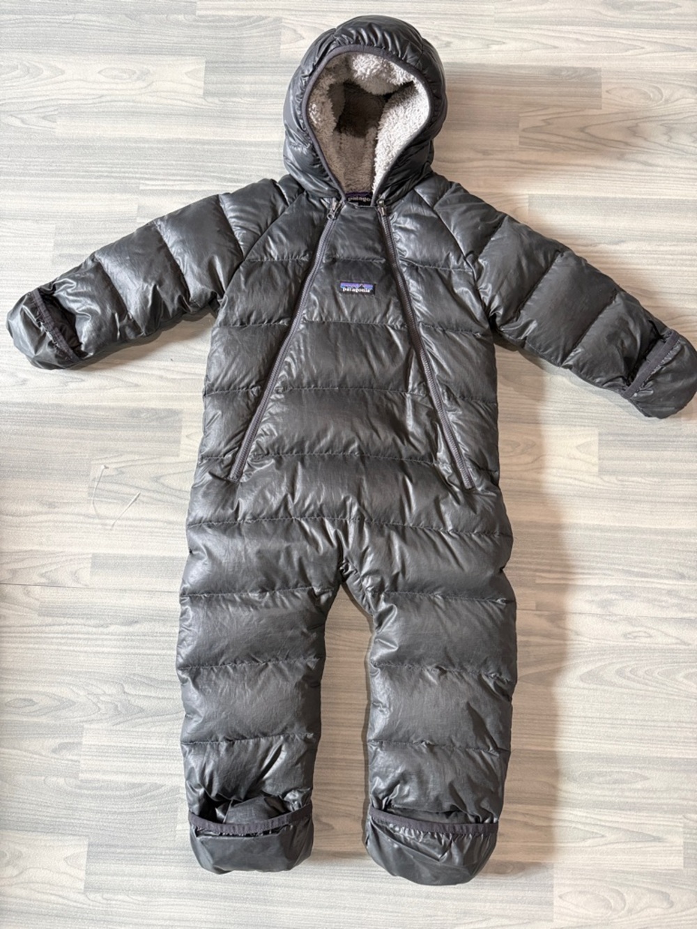 Patagonia Dark Gray toddler Hi-loft Bunting with Hood